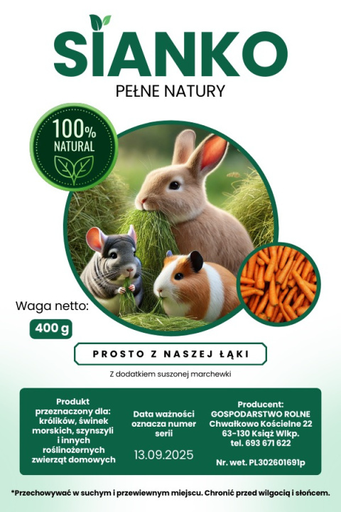 Sianko siano z marchewką dla królika, świnki morskiej, szynszyla, gryzoni 400 g Sianko siano z marchewką dla królika, świnki morskiej, szynszyla, gryzoni 400 g