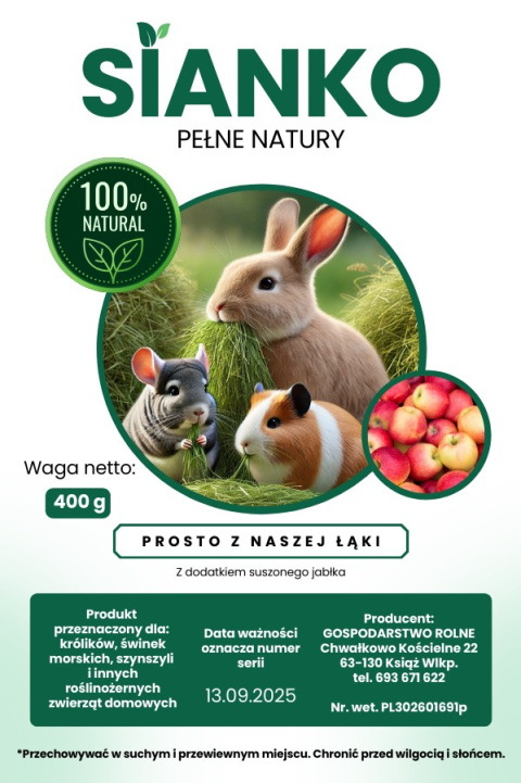 Sianko siano z jabłkiem dla królika, świnki morskiej, szynszyla, gryzoni 400 g Sianko siano z jabłkiem dla królika, świnki morskiej, szynszyla, gryzoni 400 g