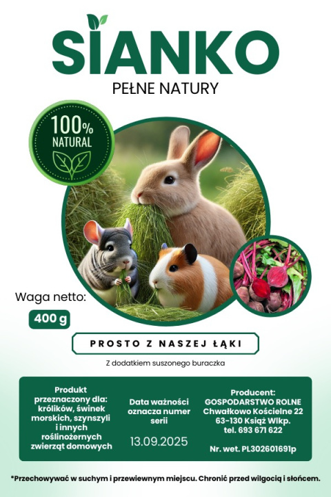 Sianko siano z buraczkiem dla królika, świnki morskiej, szynszyla, gryzoni 400 g Sianko siano z buraczkiem dla królika, świnki morskiej, szynszyla, gryzoni 400 g