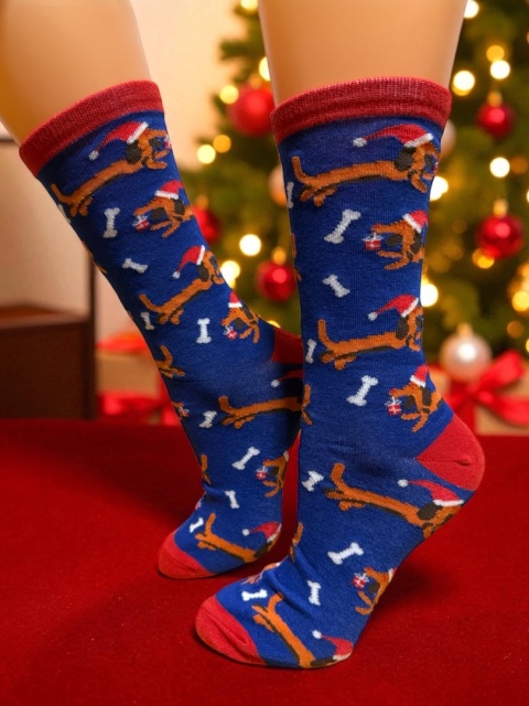 Skarpetki Świąteczne Jamniki Damskie (granatowe)