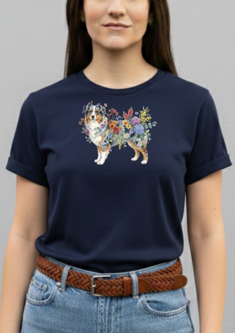 Koszulka z Owczarkiem Australijskim Flowers