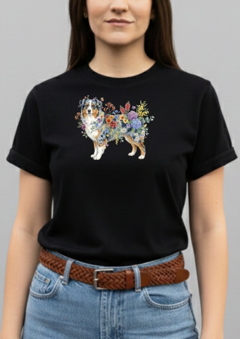 Koszulka z Owczarkiem Australijskim Flowers